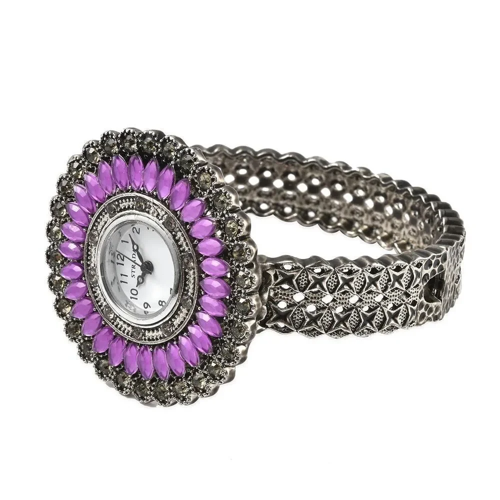STRADA Gray Austrian Crystal, Simulated Purple Chroma Southwest Style Watch